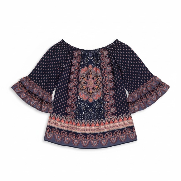 Bila Top Womens Medium Navy Floral 3/4 Bell Sleeve Peasant Tied Tassel, Boho - Picture 3 of 7